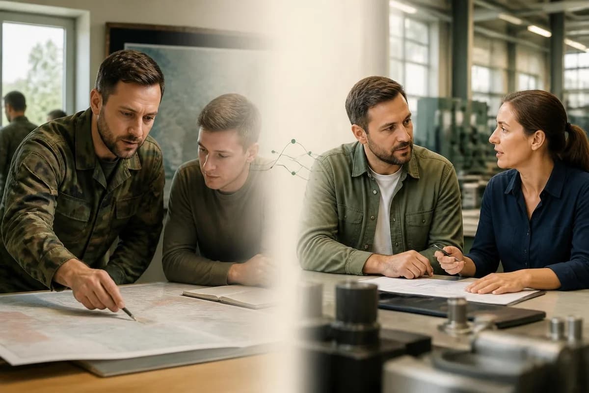 Eine militärische Ausbildungssituation und die Zusammenarbeit in einem zivilen Unternehmen, verbunden als Bild für übertragbare Fähigkeiten.